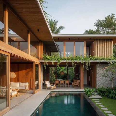 Rumah Minimalis Bentuk L Tampak Depan dengan Sentuhan Modern Tropis