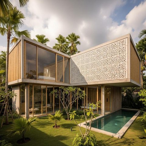 Rumah Minimalis Bentuk L Tampak Depan dengan Sentuhan Modern Tropis