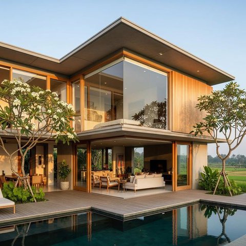 Rumah Minimalis Bentuk L Tampak Depan dengan Sentuhan Modern Tropis