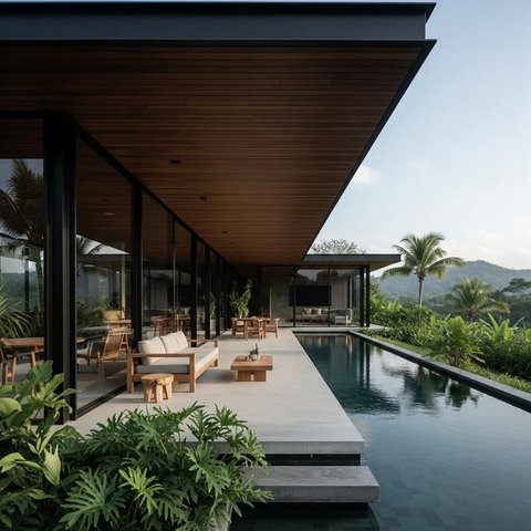 Rumah Minimalis Bentuk L Tampak Depan dengan Sentuhan Modern Tropis