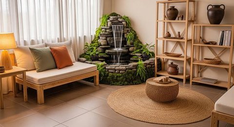 8 Ide Ruang Tamu Kecil dengan Air Terjun Mini Indoor yang Menenangkan, Bikin Suasana Rumah Lebih Adem dan Elegan (Foto: Gemini AI)