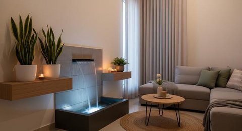 8 Ide Ruang Tamu Kecil dengan Air Terjun Mini Indoor yang Menenangkan, Bikin Suasana Rumah Lebih Adem dan Elegan (Foto: Gemini AI)
