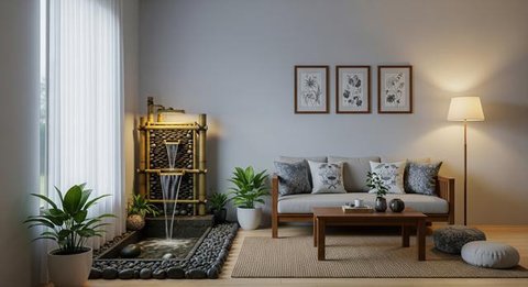8 Ide Ruang Tamu Kecil dengan Air Terjun Mini Indoor yang Menenangkan, Bikin Suasana Rumah Lebih Adem dan Elegan (Foto: Gemini AI)