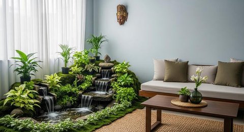 8 Ide Ruang Tamu Kecil dengan Air Terjun Mini Indoor yang Menenangkan, Bikin Suasana Rumah Lebih Adem dan Elegan (Foto: Gemini AI)