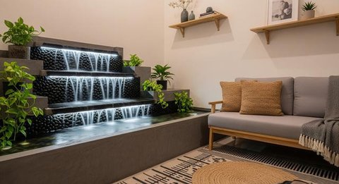 8 Ide Ruang Tamu Kecil dengan Air Terjun Mini Indoor yang Menenangkan, Bikin Suasana Rumah Lebih Adem dan Elegan (Foto: Gemini AI)