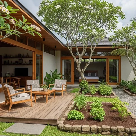 Rumah Tropis Minimalis dengan Taman Samping/Rumah Konsep Resort