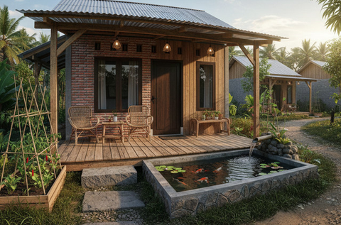 7 Model Rumah Mungil dengan Kebun, Teras dan Kolam Ikan Mini: Bikin Hunian Lebih Asri dan Nyaman Setiap Hari (Foto: Gemini AI)