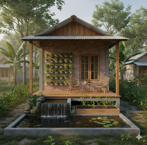 7 Model Rumah Mungil dengan Kebun, Teras dan Kolam Ikan Mini: Bikin Hunian Lebih Asri dan Nyaman Setiap Hari (Foto: Gemini AI)