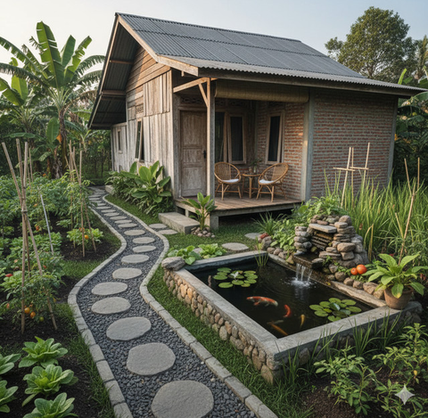 7 Model Rumah Mungil dengan Kebun, Teras dan Kolam Ikan Mini: Bikin Hunian Lebih Asri dan Nyaman Setiap Hari (Foto: Gemini AI)