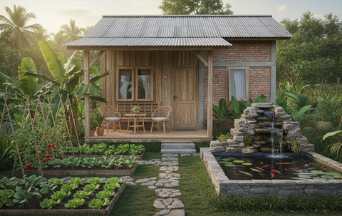 7 Model Rumah Mungil dengan Kebun, Teras dan Kolam Ikan Mini: Bikin Hunian Lebih Asri dan Nyaman Setiap Hari (Foto: Gemini AI)