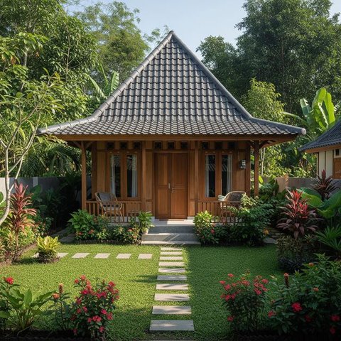 Inspirasi Rumah Kampung Modern dengan Halaman Hijau. (Foto: AI)