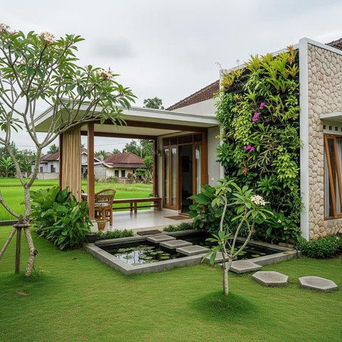 Inspirasi Rumah Kampung Modern dengan Halaman Hijau. (Foto: AI)