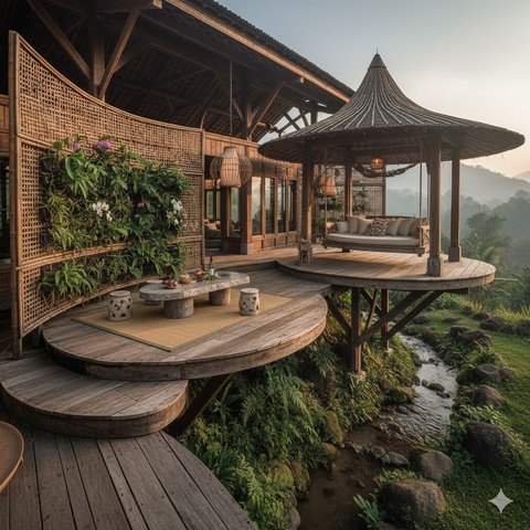 Teras Rumah Kayu Gaya Tropis Tradisional Konsep Elevated Deck