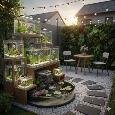 Taman Belakang Estetik dengan Rak Akuarium Cupang Modern