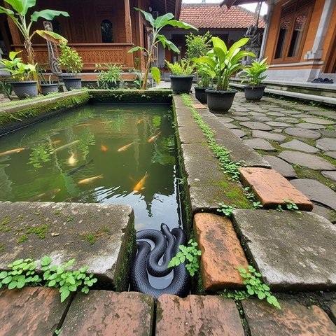 Ular di kolam ikan/ Ilustrasi AI