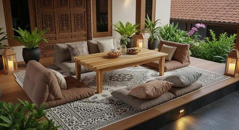 Desain Teras Rumah Konsep Lesehan Fungsional/AI