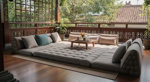 Desain Teras Rumah Konsep Lesehan Fungsional/AI