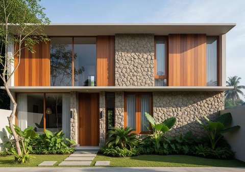 Model Rumah Minimalis Batu Alam Tampak Depan (Image by Gemini AI)