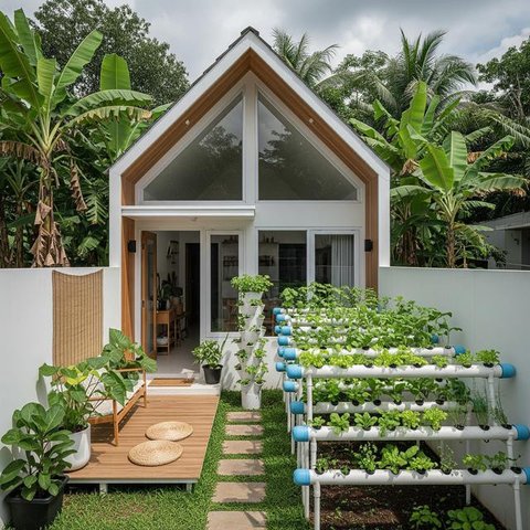 Model Rumah Mungil tapi Punya Halaman Belakang untuk Hidroponik. (Foto: AI)