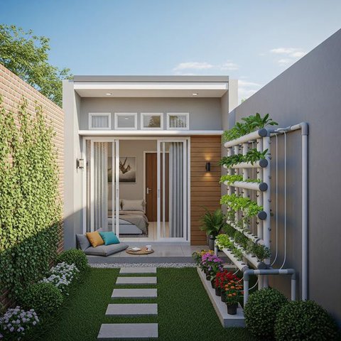 Model Rumah Mungil tapi Punya Halaman Belakang untuk Hidroponik. (Foto: AI)