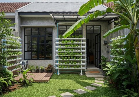 Model Rumah Mungil tapi Punya Halaman Belakang untuk Hidroponik. (Foto: AI)