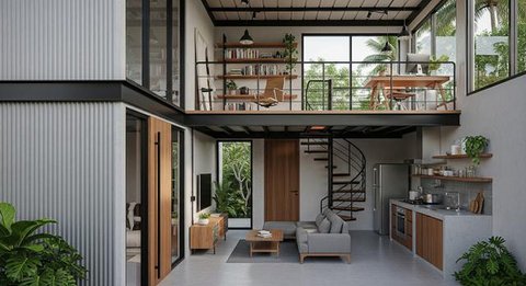 Desain Rumah Mini Modern dengan Mezzanine/AI