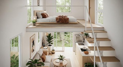 Desain Rumah Mini Modern dengan Mezzanine/AI