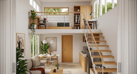 Desain Rumah Mini Modern dengan Mezzanine/AI