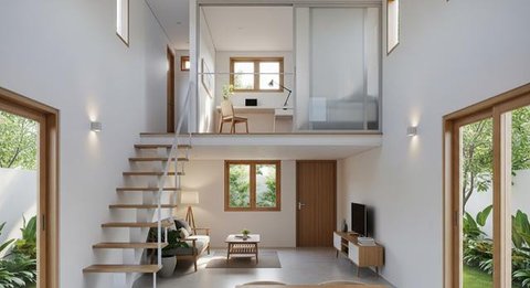 Desain Rumah Mini Modern dengan Mezzanine/AI