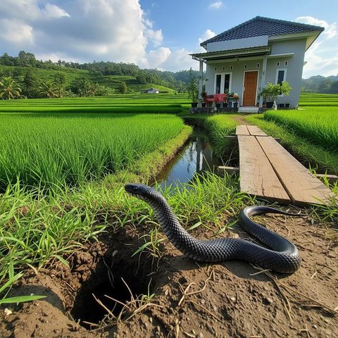 Ilustrasi ular black racer manjat pagar. [Foto: Gemini]
