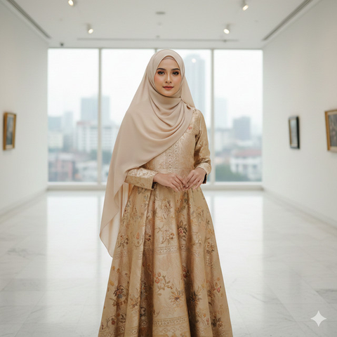 Gamis Batik Brokat Warna Champagne Cocok dengan Kerudung Apa? Ini 7 Rekomendasinya yang Elegan (Foto: Gemini AI)