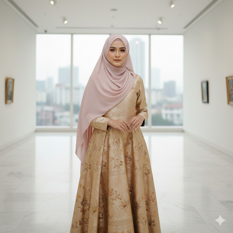 Gamis Batik Brokat Warna Champagne Cocok dengan Kerudung Apa? Ini 7 Rekomendasinya yang Elegan (Foto: Gemini AI)