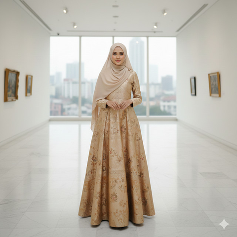 Gamis Batik Brokat Warna Champagne Cocok dengan Kerudung Apa? Ini 7 Rekomendasinya yang Elegan (Foto: Gemini AI)