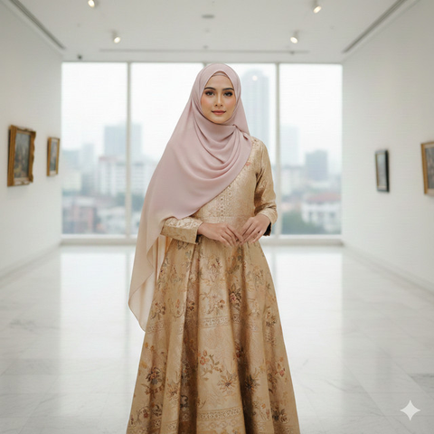 Gamis Batik Brokat Warna Champagne Cocok dengan Kerudung Apa? Ini 7 Rekomendasinya yang Elegan (Foto: Gemini AI)