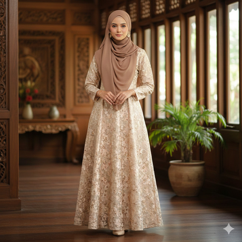 Gamis Batik Brokat Warna Champagne Cocok dengan Kerudung Apa? Ini 7 Rekomendasinya yang Elegan (Foto: Gemini AI)