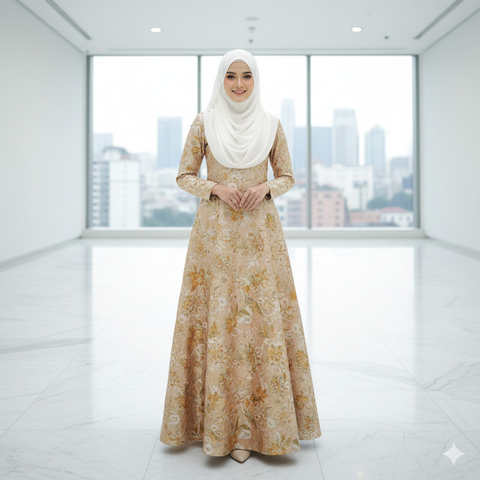 Gamis Batik Brokat Warna Champagne Cocok dengan Kerudung Apa? Ini 7 Rekomendasinya yang Elegan (Foto: Gemini AI)
