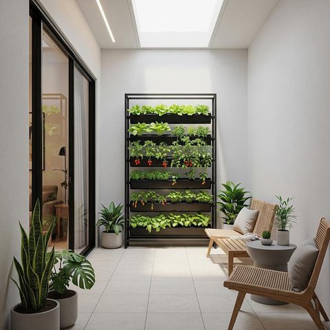 Desain Teras Minimalis dengan Kebun Sayur Vertikal. (Foto: AI)