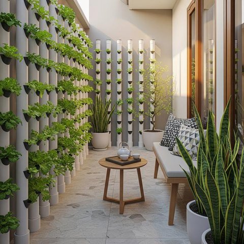 Desain Teras Minimalis dengan Kebun Sayur Vertikal. (Foto: AI)
