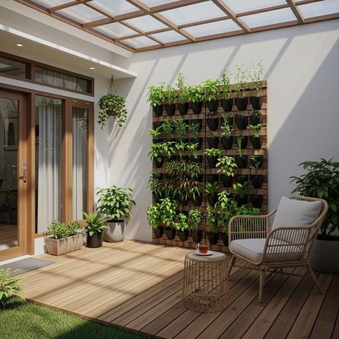 Desain Teras Minimalis dengan Kebun Sayur Vertikal. (Foto: AI)