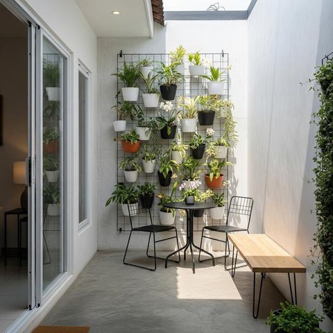Desain Teras Minimalis dengan Kebun Sayur Vertikal. (Foto: AI)