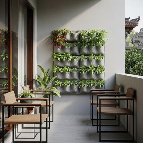 Desain Teras Minimalis dengan Kebun Sayur Vertikal. (Foto: AI)