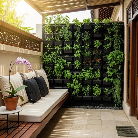 Desain Teras Minimalis dengan Kebun Sayur Vertikal. (Foto: AI)