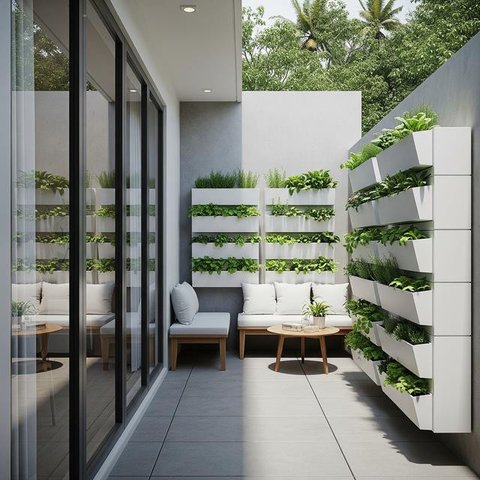 Desain Teras Minimalis dengan Kebun Sayur Vertikal. (Foto: AI)