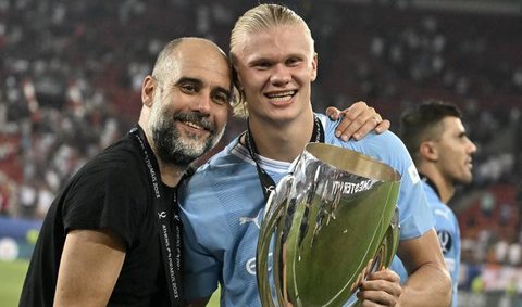 Selebrasi Erling Haaland usai mencetak gol di laga Manchester City vs Liverpool di pekan ke-11 Liga Inggris 2025/2026 di Etihad Stadium, Minggu (09/11/2025). (AP Photo/Jon Super)