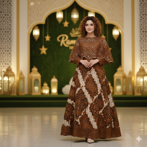 Gamis Batik Brokat dengan Aksen Cape atau Outer
