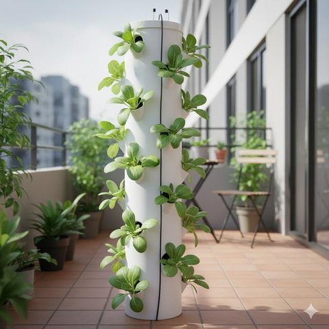 Menara Botol Plastik Bekas merupakan salah satu sistem kebun sayur bertingkat (Gemini AI)