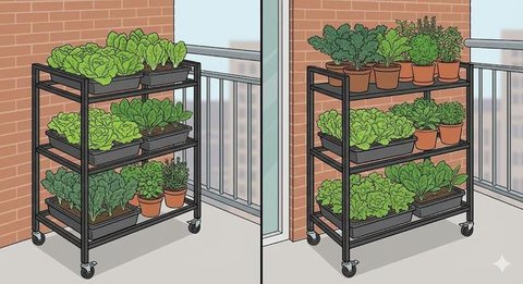 Sistem Grow Bags Ringan merupakan salah satu desain kebun sayur di rumah yang gampang dipindah-pindah (Gemini AI)