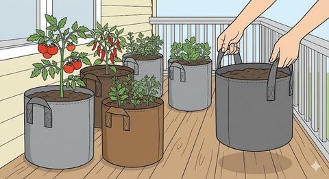 Sistem Grow Bags Ringan merupakan salah satu desain kebun sayur di rumah yang gampang dipindah-pindah (Gemini AI)