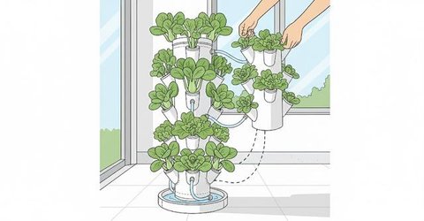 Sistem Grow Bags Ringan merupakan salah satu desain kebun sayur di rumah yang gampang dipindah-pindah (Gemini AI)