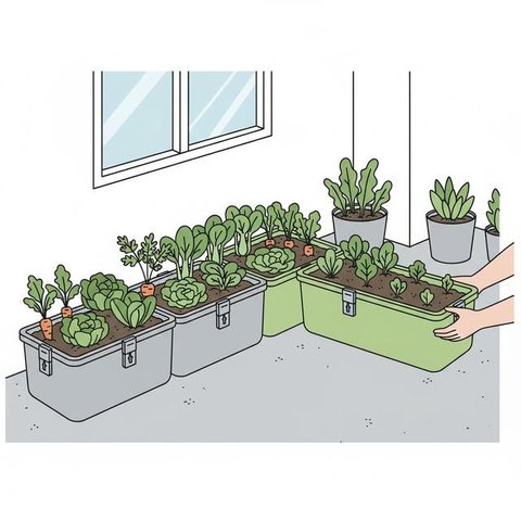 Sistem Grow Bags Ringan merupakan salah satu desain kebun sayur di rumah yang gampang dipindah-pindah (Gemini AI)
